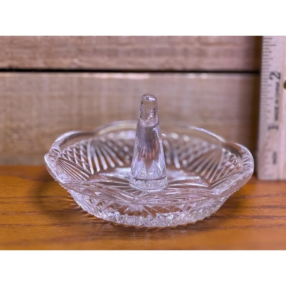 Vintage Clear Pressed Glass Ring Holder Dish Starburst Scalloped